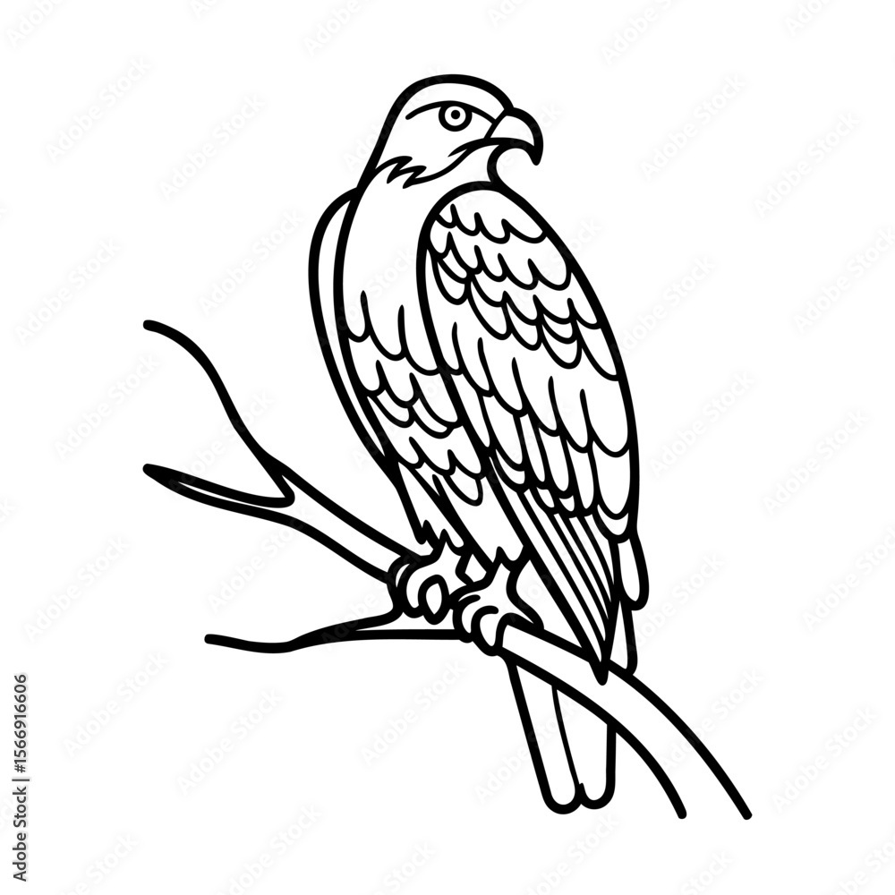 Fototapeta premium Black Line Art Eagle Perched on Branch Against White Background