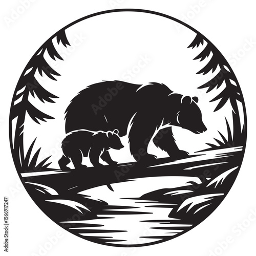 A mother bear and her cub walk along a fallen tree over a river