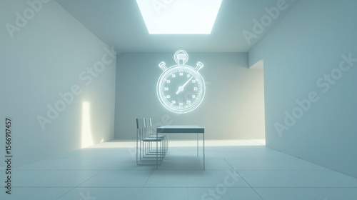 A minimalist chair and table in white space with a floating stopwatch, symbolizing the test of time.