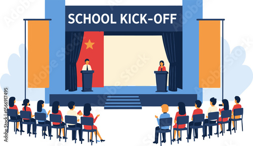 School event kick off vector illustration with audience and speakers stage