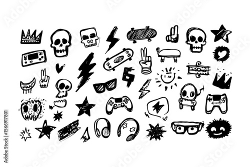 Black doodle icon set of punk and skate culture elements in grunge hand-drawn style, ideal for zines, alternative fashion, youth campaigns, and rebellious sticker packs