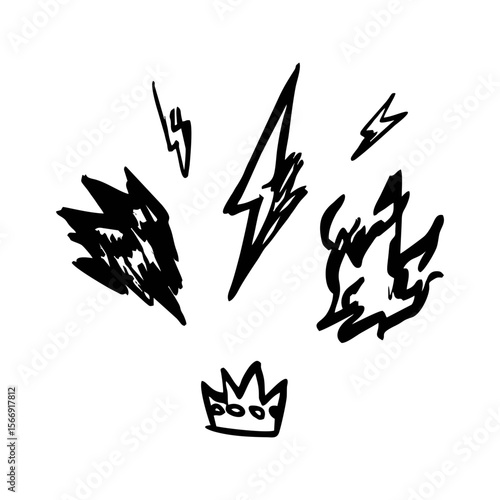 Grunge-style set of lightning bolt and crown doodles in expressive black brush strokes, ideal for punk designs, streetwear branding, or edgy music content – transparent background