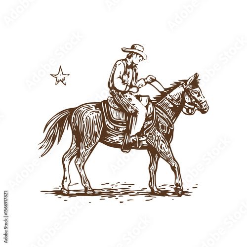 Vintage western cowboy riding horse in detailed brown line drawing style, great for wild west posters, heritage branding, or American history projects – rustic monochrome design