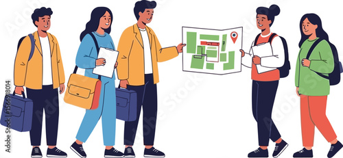 Group of students looking at map for directions on campus or city tour guide