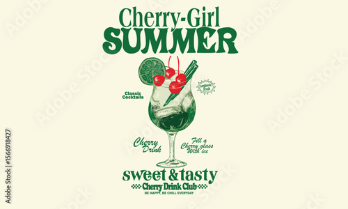 Cherry love. Organic food artwork for for t-shirt. Summer print. Sweet cherry artwork. Cherry juice print.
