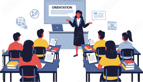 Orientation meeting classroom training session with students and teacher