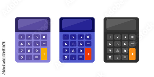 Set of flat vector calculator icons in different colors. Simple modern design, numeric keypad. Isolated on white background.