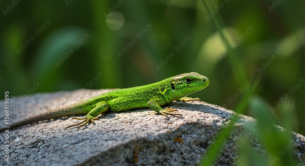 Lézard vert vif se prélasse soleil doux pierre herbe. AI Generated Lézard vert vif se prélasse soleil doux pierre herbe. AI Generated