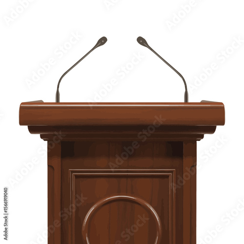 Elegant wooden podium with two microphones for public speaking and presentations
