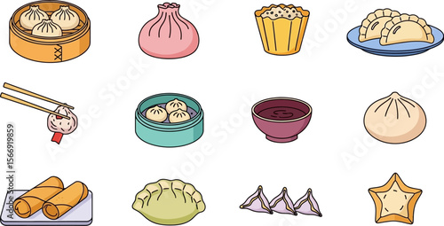 Delicious asian dumplings and rolls vector illustration food cuisine set