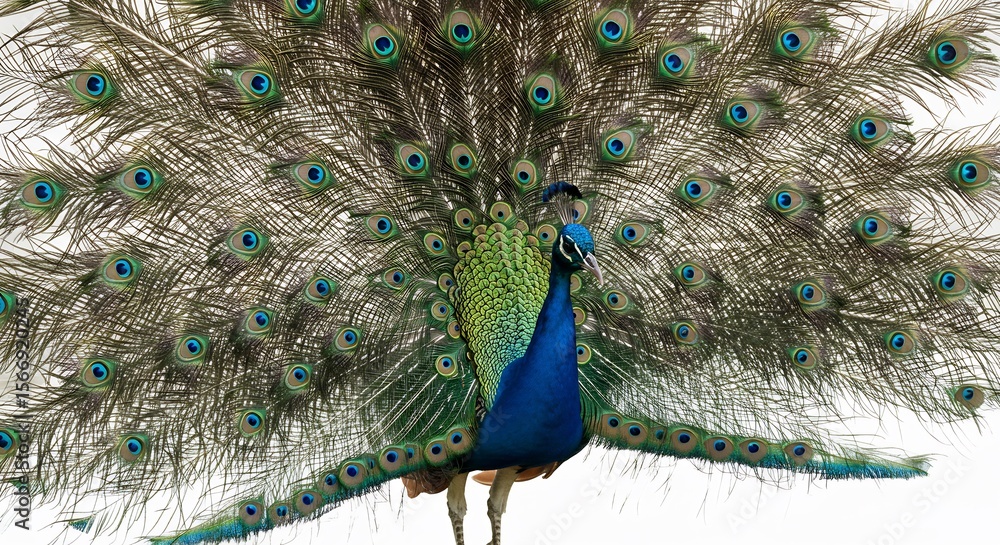 Fototapeta premium Paon majestueux déployant sa queue irisée lumière naturelle éclatante. AI Generated