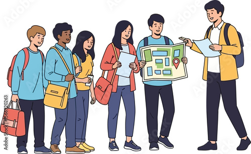 Group travel guide showing map to tourists on vacation adventure tour trip