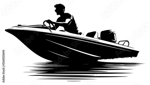 A black and white silhouette of a lifeguard floating on a motorboat on a white isolated background. Vector graphics. EPS.	
