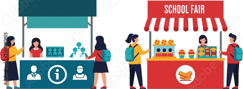 School fair event vector illustration with food and extracurricular booths