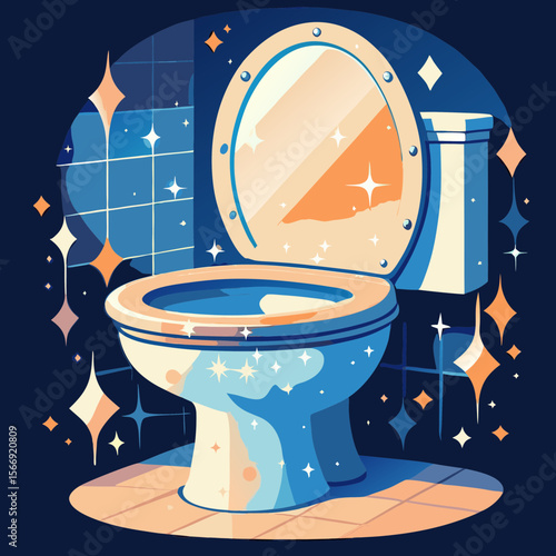 Clean toilet in modern bathroom with sparkling tiles and mirror  