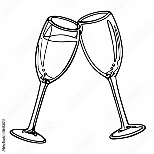 Two champagne glasses clinking, line art style, monochrome, for celebratory occasions