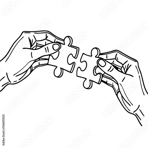 Two hands connecting puzzle pieces, monochrome line art style, for teamwork and collaboration concepts