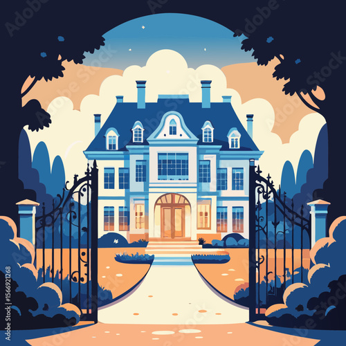 Elegant mansion illustration, in cool tones, for real estate websites