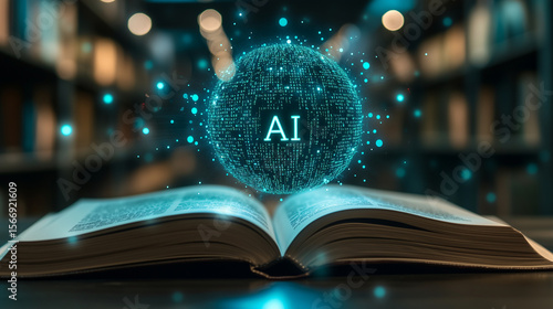 Die allwissende Künstliche Intelligenz scannt den Inhalt eines geöffneten Buches in einer Bibliothek, Alt trifft Neu, Querformat