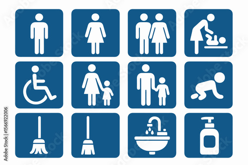 Printable blue sticker set with 12 bathroom icons on white. Includes baby, parent, cleaning, direction arrows. Clean signage for restrooms.