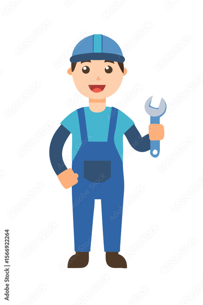 Cartoon male worker in overalls holding wrench Cartoon male worker in overalls holding wrench