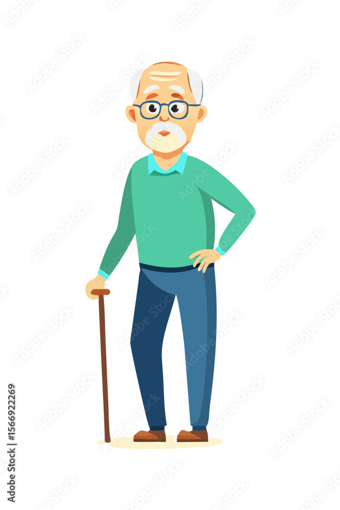 Elderly man with cane in standing pose Elderly man with cane in standing pose