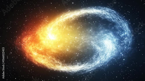 Mesmerizing Cosmic Scene of Fiery Orange and Cool Blue Nebula Swirling in Yin Yang Formation Amidst Star Filled Galaxy, Symbolizing Balance and Harmony in Universe