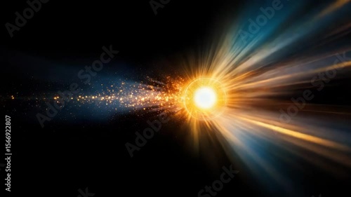 Glowing Radiant Burst of Light with Golden and Blue Streaks Emanating from Central Orb Symbolizing Energy, Speed, and Cosmic Phenomena Against Dark Background