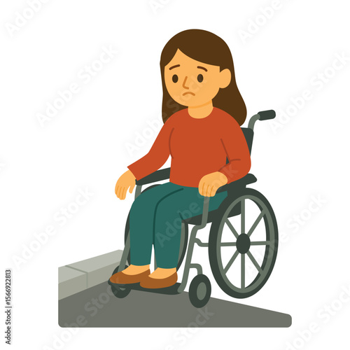 Sad woman in wheelchair facing inaccessible sidewalk without ramp on white background. Flat vector illustration. Urban accessibility barrier and inclusive infrastructure problem concept