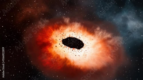 Fiery Black Hole with Glowing Accretion Disk, Cosmic Dust, Scattered Stars, and Debris in Vast Space Capturing Astronomy, Astrophysics, and Universe Mysteries