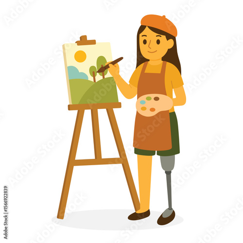 Woman with prosthetic leg painting landscape on canvas using easel and palette. Flat vector illustration. Artistic expression and creative activity of disabled people concept