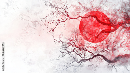 Eine rote Sonne leuchtet hinter dünnen, schwarzen Ästen, Japanische Kultur vor hellem Hintergrund, isolierte Freifläche im Querformat