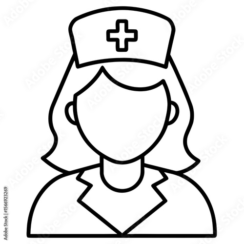 nurse icon, Flat outline icon of a nurse wearing a medical cap, representing healthcare professional, medical staff, frontline worker, hospital nurse