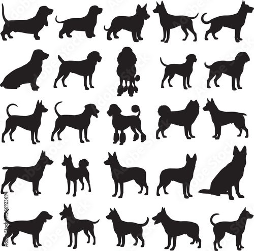 Extensive collection of diverse dog breed silhouettes in various poses, showcasing popular canine companions for pet-related designs, animal welfare, and veterinary themes, perfect for graphic .