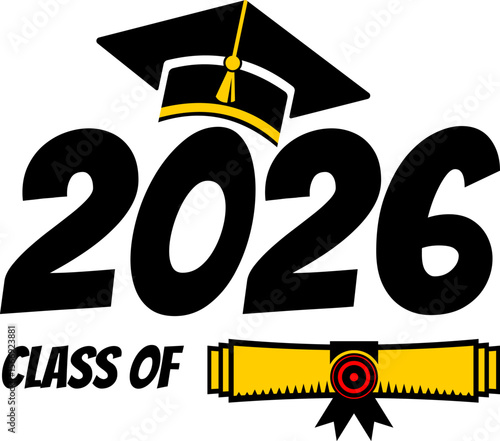 2026 graduate class logo. Futuristic graduation class of 2026 banner concept with glowing low polygonal golden graduation cap.