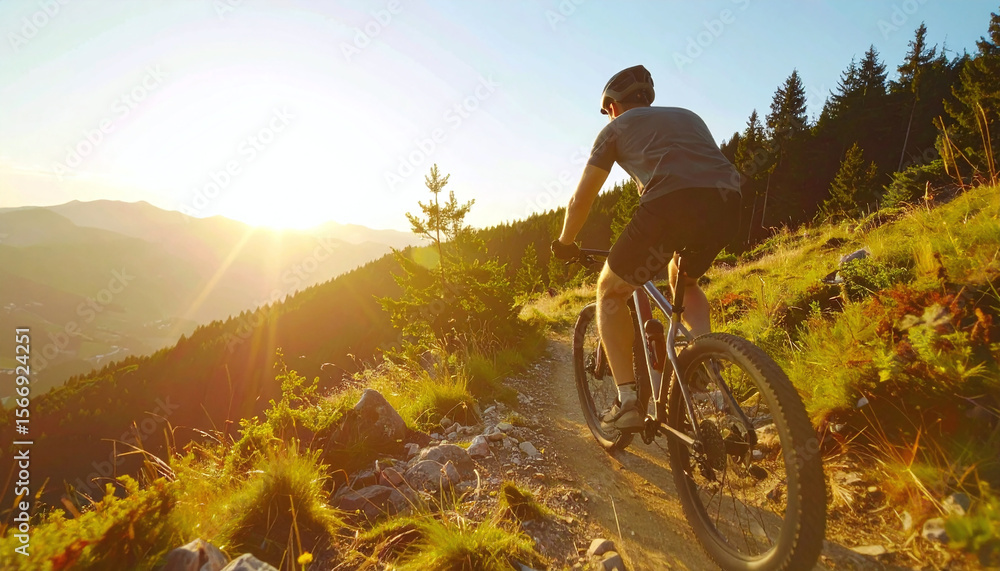 Fototapeta premium Adventure cyclist riding mountain bike downhill at sunrise – outdoor fitness and extreme sports concept