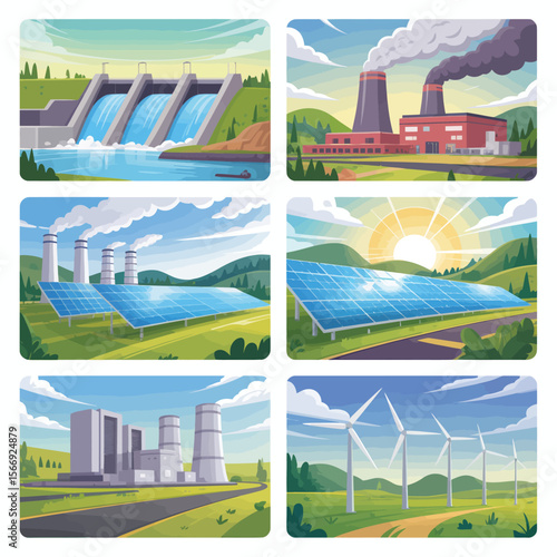 Collage of renewable and traditional energy sources in natural landscapes