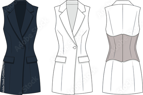Stylish Sleeveless Blazer Vest Design, Women’s Fashion Outerwear, CAD Drawing Flat Vector Illustration, Fashion Template, Apparel Design, Technical Sketch