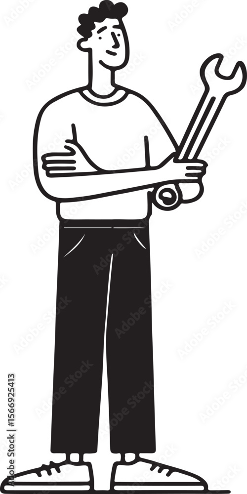 Black-and-white only one-line drawing of a mechanic with a wrench, minimalist and elegant Black-and-white only one-line drawing of a mechanic with a wrench, minimalist and elegant