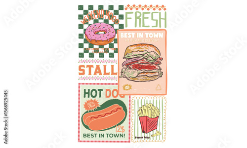 Restaurant food artwork. Food stall t shirt artwork. Eat more food. Dinner club print design. Hotdog, burger, donut poster design.