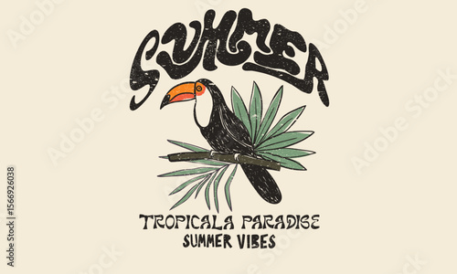 Tropical paradise artwork. Tropical bird with palm tree graphic print design. Enjoy beach life. Summer vibes artwork. Enjoy summer day. Toucan paradise artwork.
