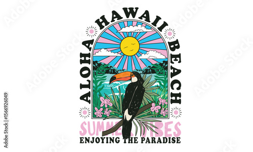 Enjoy summer day. Toucan paradise artwork. Summer vibes artwork. Surf club design. Tropical bird with palm tree graphic print design. Enjoy beach life. Summer vibes artwork.