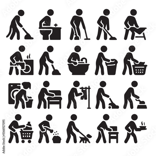 Household Chores Silhouette Icon Set Showing Daily Cleaning and Tasks