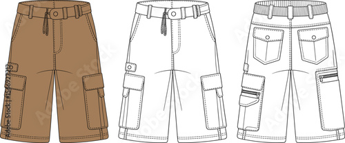Detailed Cargo Shorts Flat Sketch Set: Men's Versatile Utility Bermudas with Multiple Pockets, Drawstrings, and Belt Loops for Fashion, Apparel, and Technical Design Resources, Ideal for.