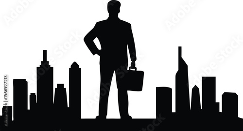 Confident Businessman Silhouette with Briefcase and City Skyline