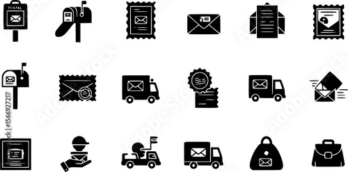 Mail and Postal Service Icon Set in Silhouette Style