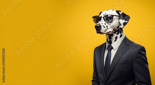 Funny Dog in Business Suit Concept Humor Creative Animal Portrait Yellow Background