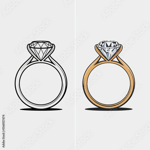Comparison of a diamond engagement ring sketch and a colored illustration