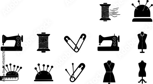 Sewing and tailoring icons set. Silhouette of sewing machine, mannequin, pin, thread spool and safety pin. Vector illustration.