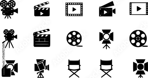 Set of movie elements black isolated on white background
